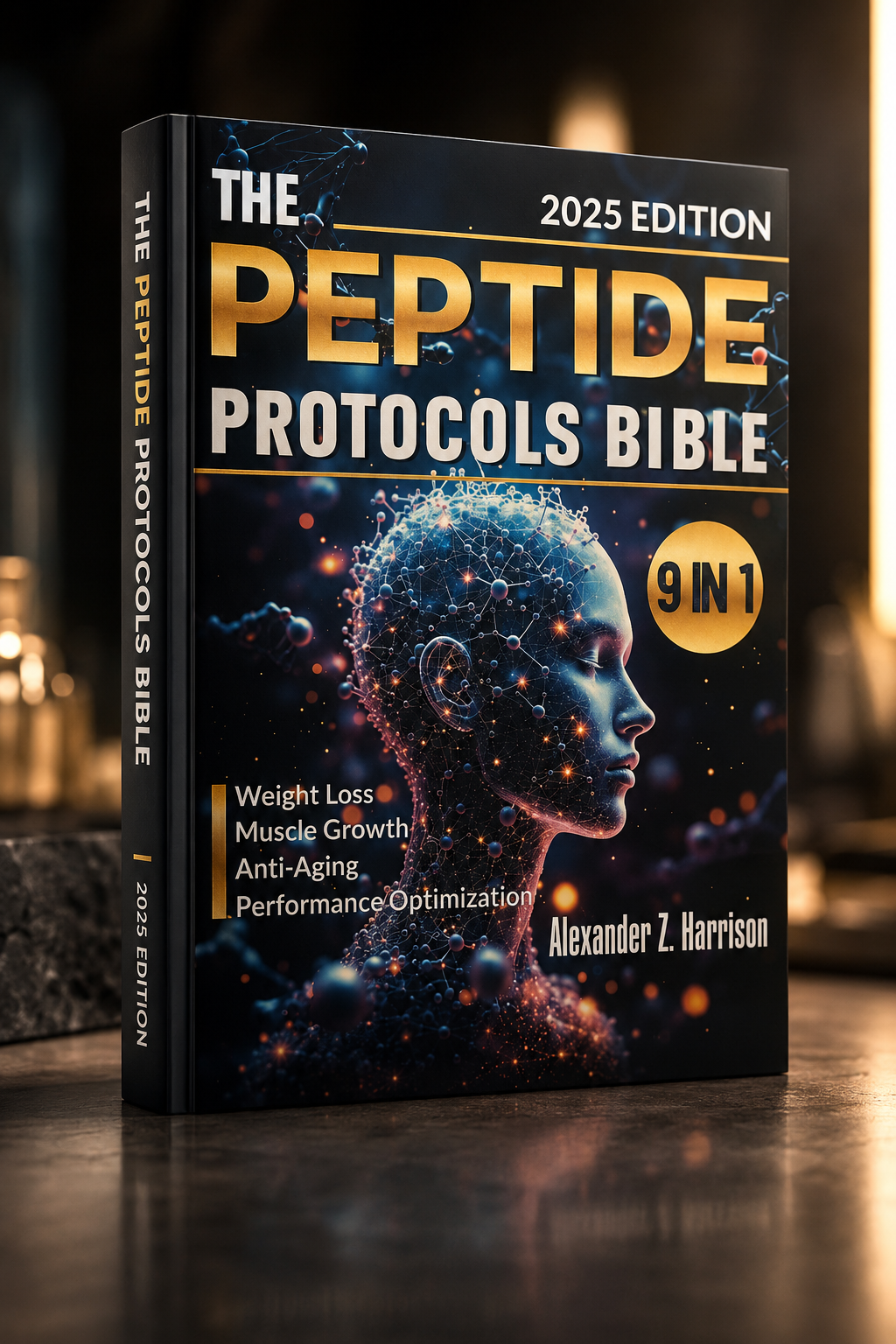 The Peptide Protocols Bible 2025 Edition book cover shown standing upright on a wooden surface with a blurred indoor background. The cover features a dark blue and black design with a glowing digital human head illustration, large gold title text, and a yellow circle reading 9N1.